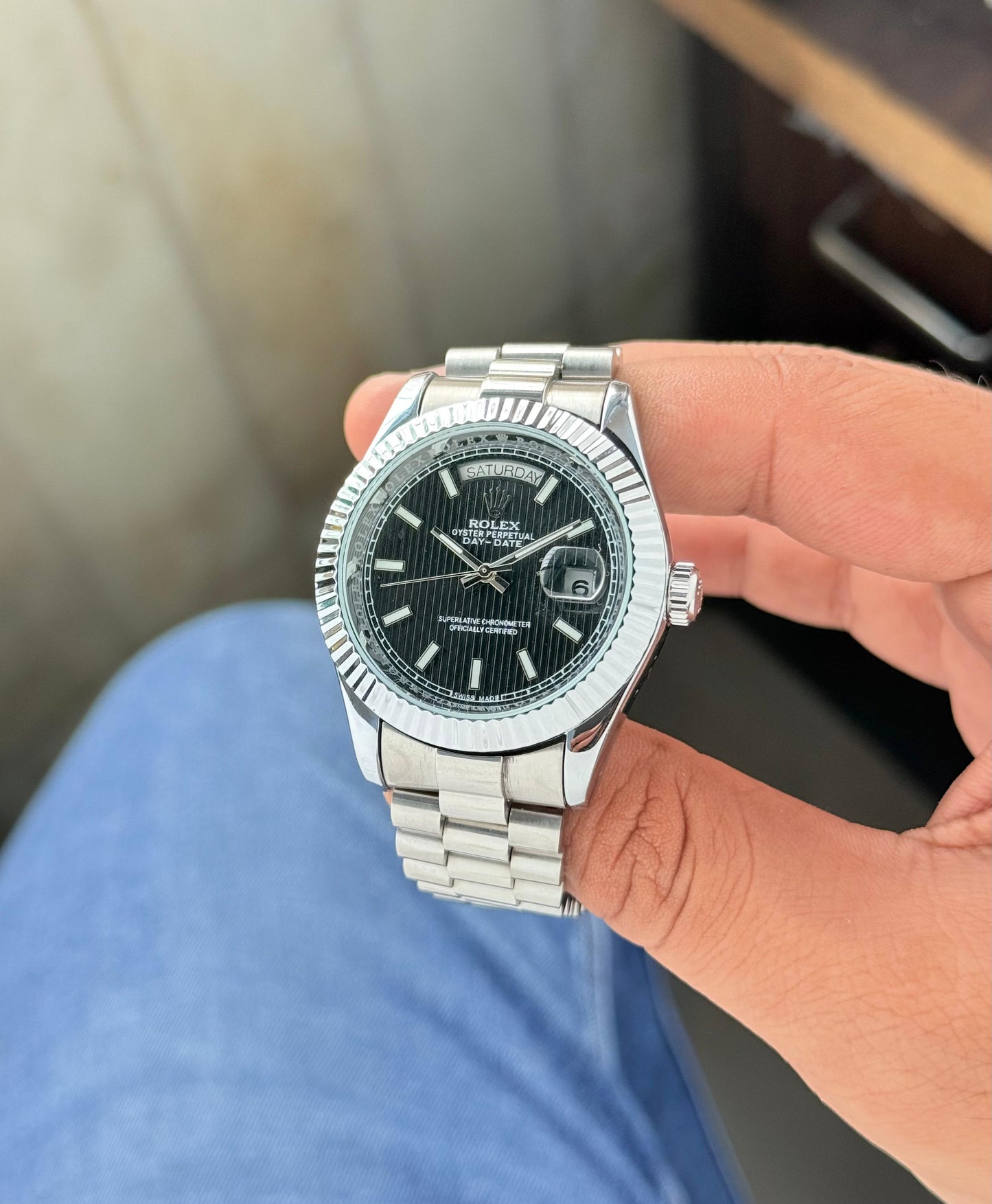 Rolex Day-Date 40mm Black Dial With Silver Belt
